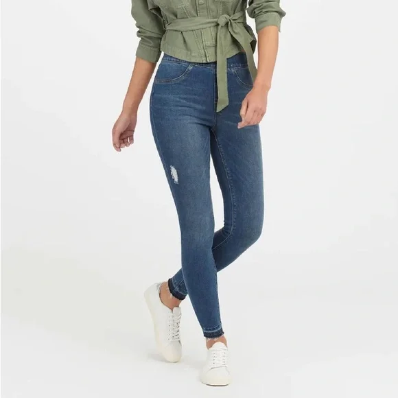 SPANX distressed ankle skinny jeans medium wash NWOT‎ size xs - Picture 2 of 11